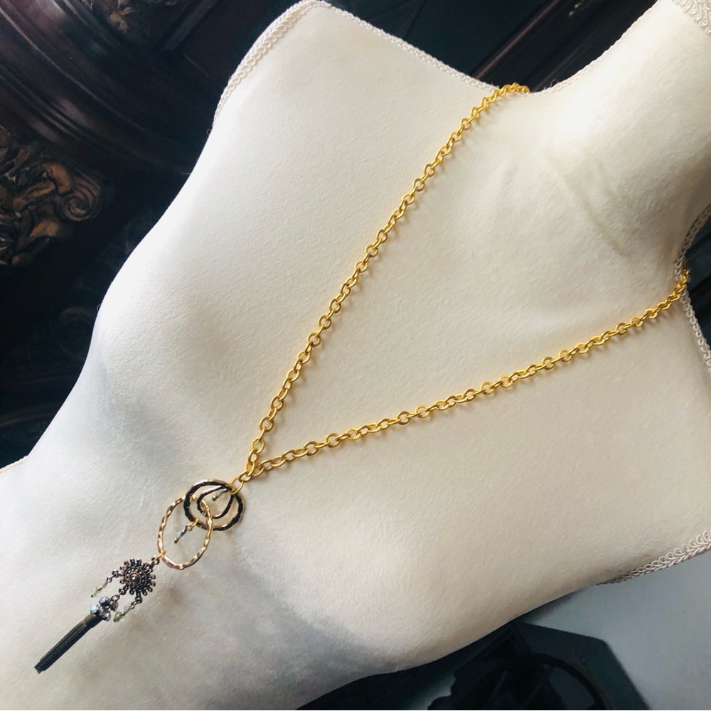 Handcrafted repurpose dangle tassel fringe pendant chain necklace